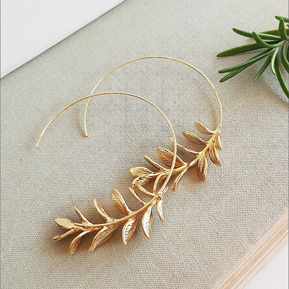 Gold Plated Rosemary Twig Plant Leaf Hoop Earrings; NWOT